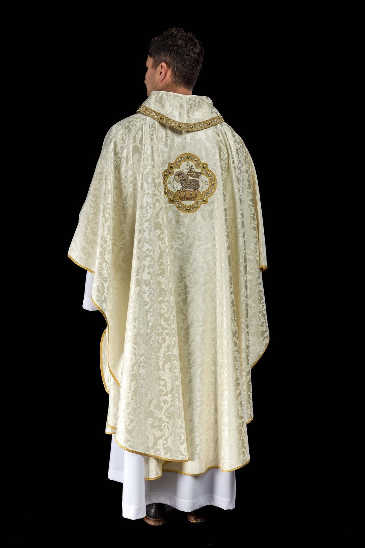 Ecru chasuble back view with jacquard fabric and gold-edged hem