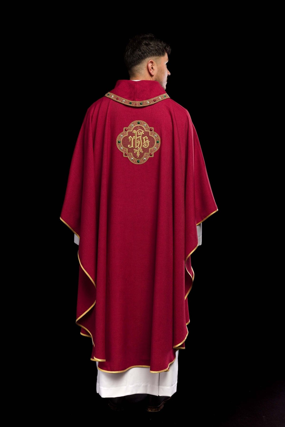 Red chasuble, full back view with centered IHS embroidery and gold trim