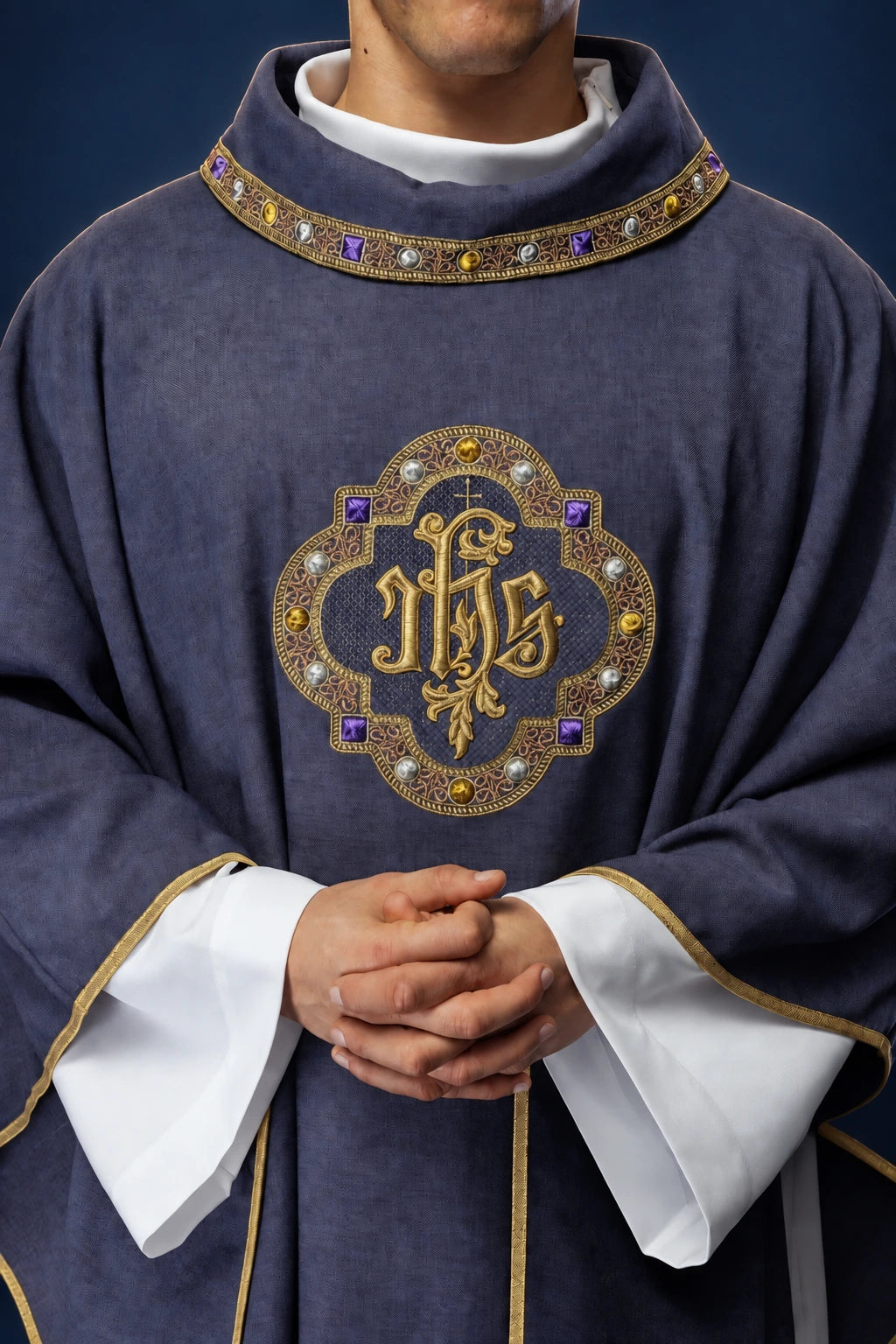 Purple Chasuble with Trim Around IHS Embroidery and Collar, front worn view