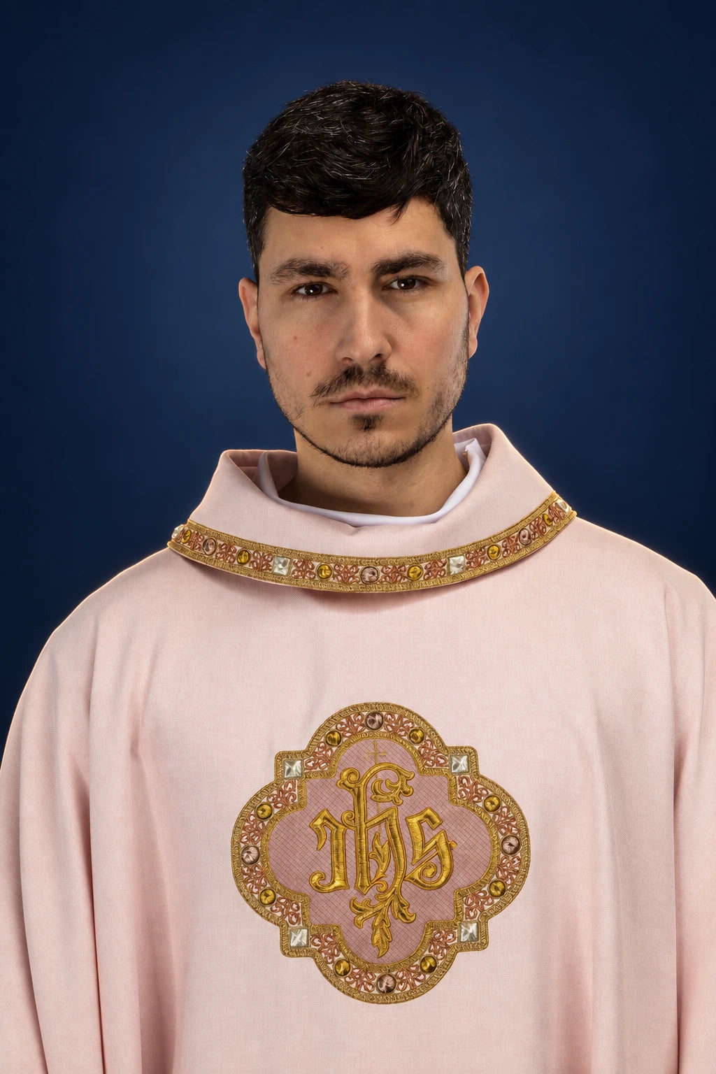 Rose Chasuble with Trim Around IHS Embroidery and Collar, front close-up