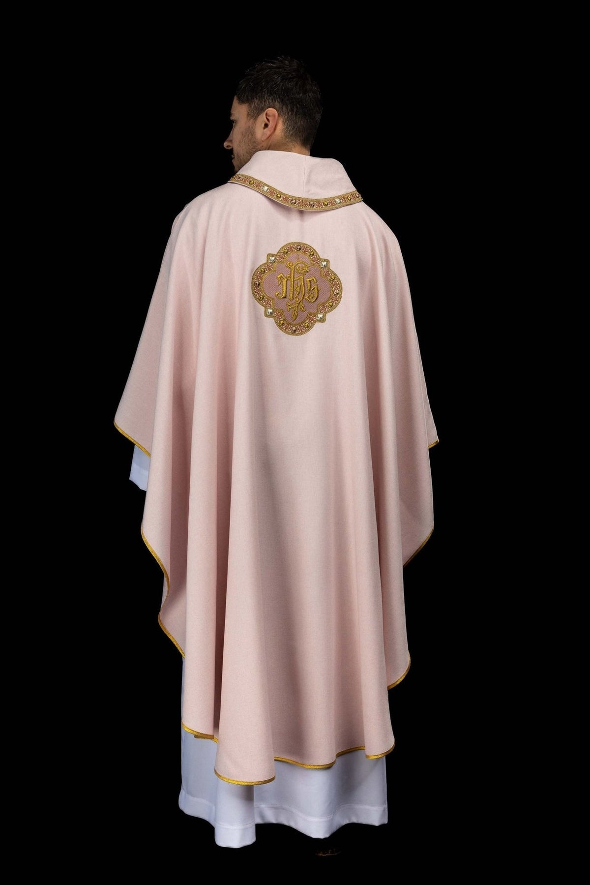 Rose chasuble full back view with gold-edged hem