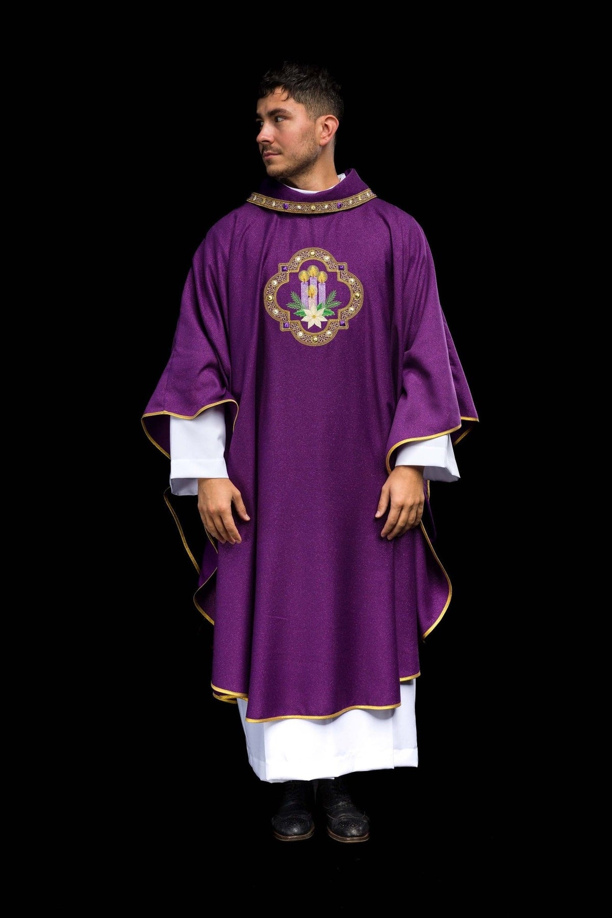 Purple Advent chasuble rear view with gold trim and central embroidery