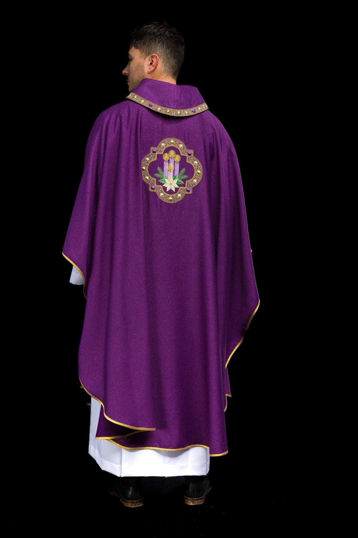 Purple Advent chasuble back view with embroidered candle motif and gold trim