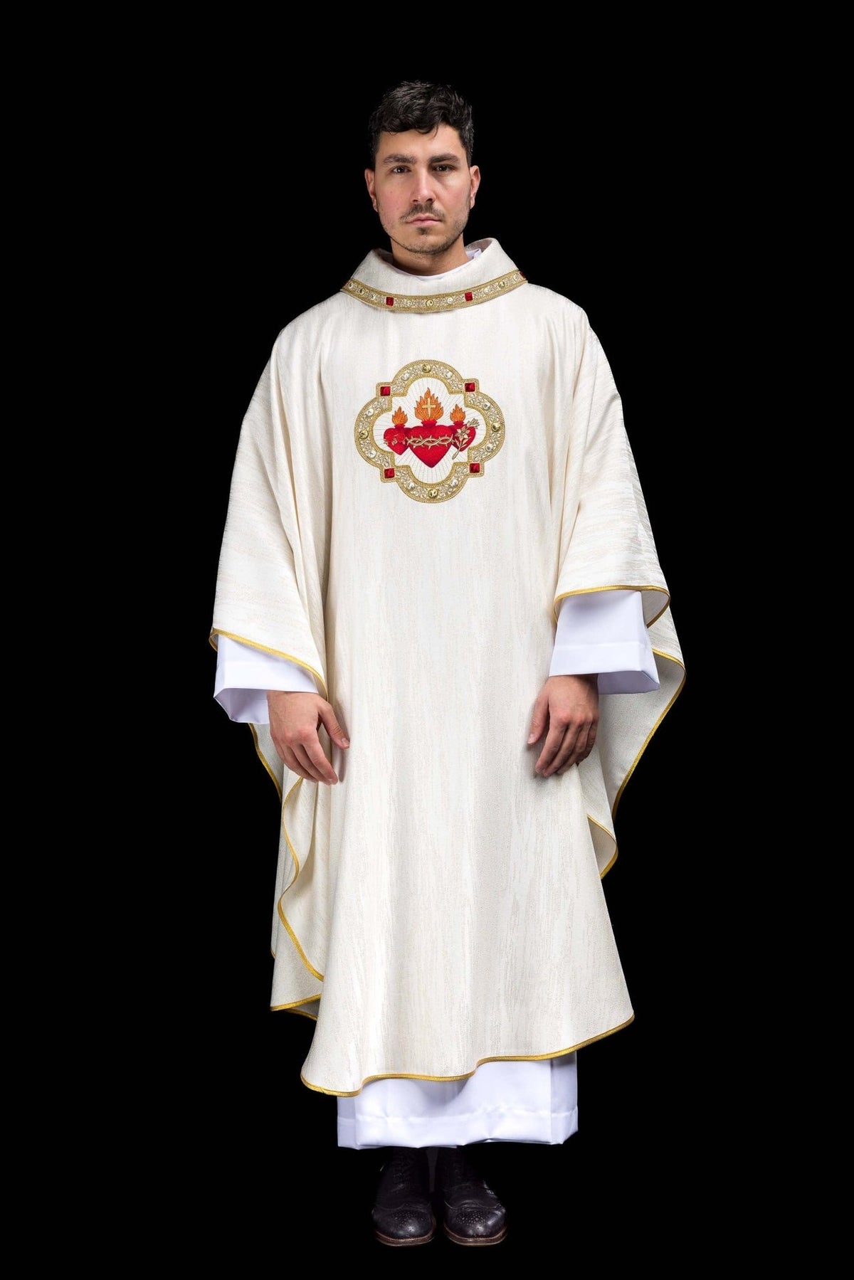 White chasuble front view with three Sacred Hearts embroidery and gold-trimmed sleeves