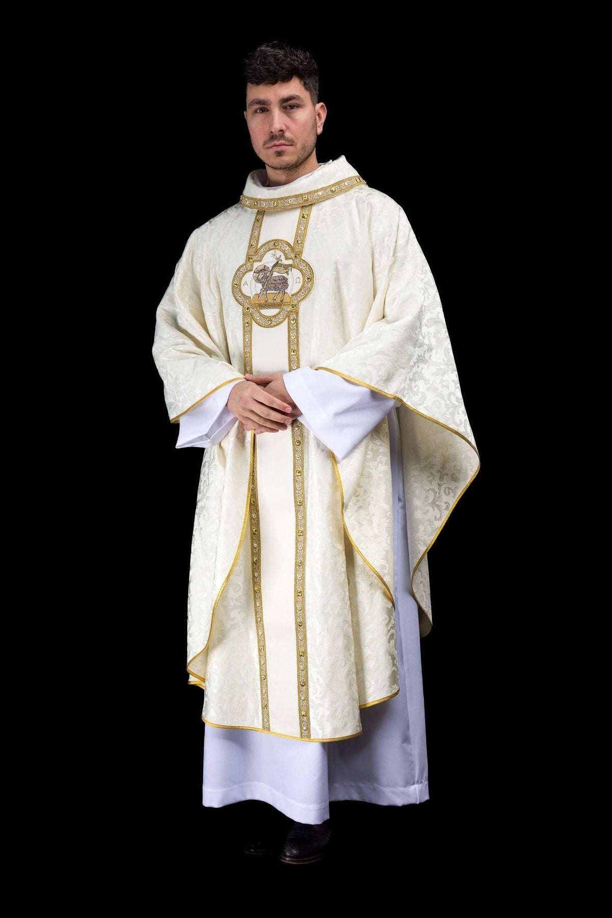 Ecru chasuble front worn view with stand-up collar, gold orphrey and Paschal Lamb embroidery