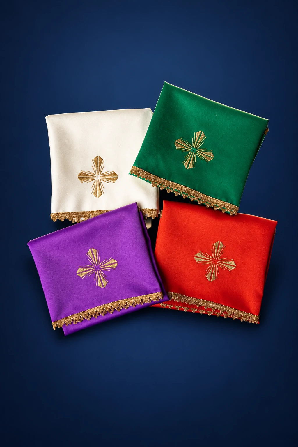 Set of four chalice veils in white, green, purple, and red, each with an embroidered cross and gold trim