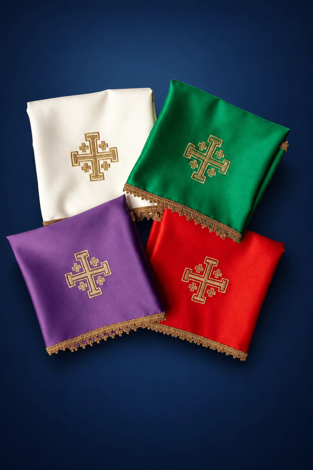 Set of four chalice veils in white, green, purple, and red with Jerusalem cross embroidery and gold fringe