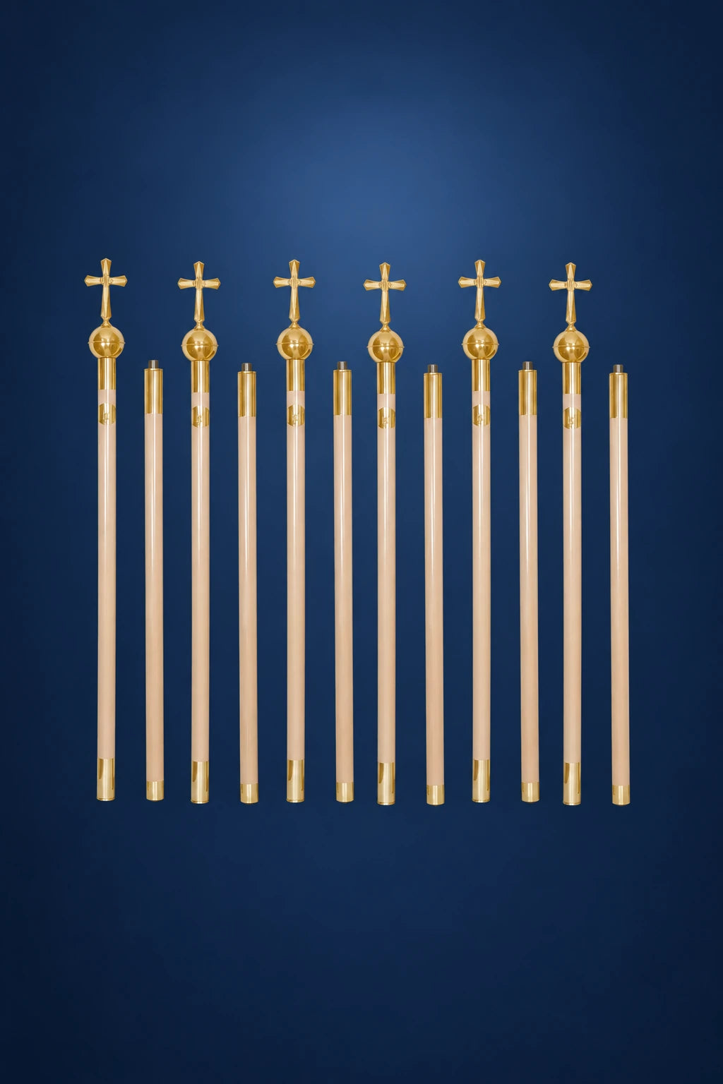 Six gold-topped canopy poles with cross finials, shown front view in a set of six.