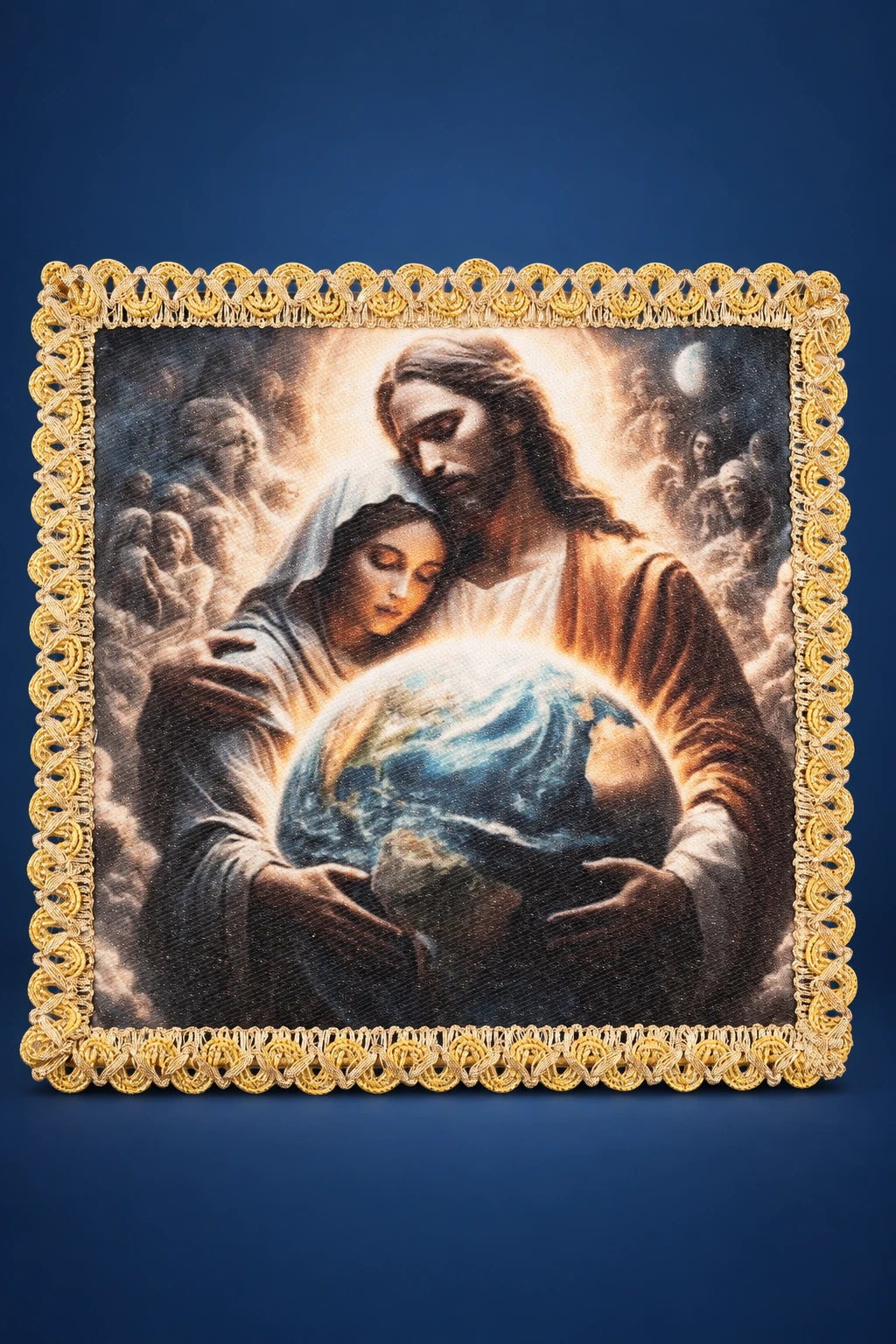 Square Marian chalice pall with gold lace border and image of Christ and Mary holding the world