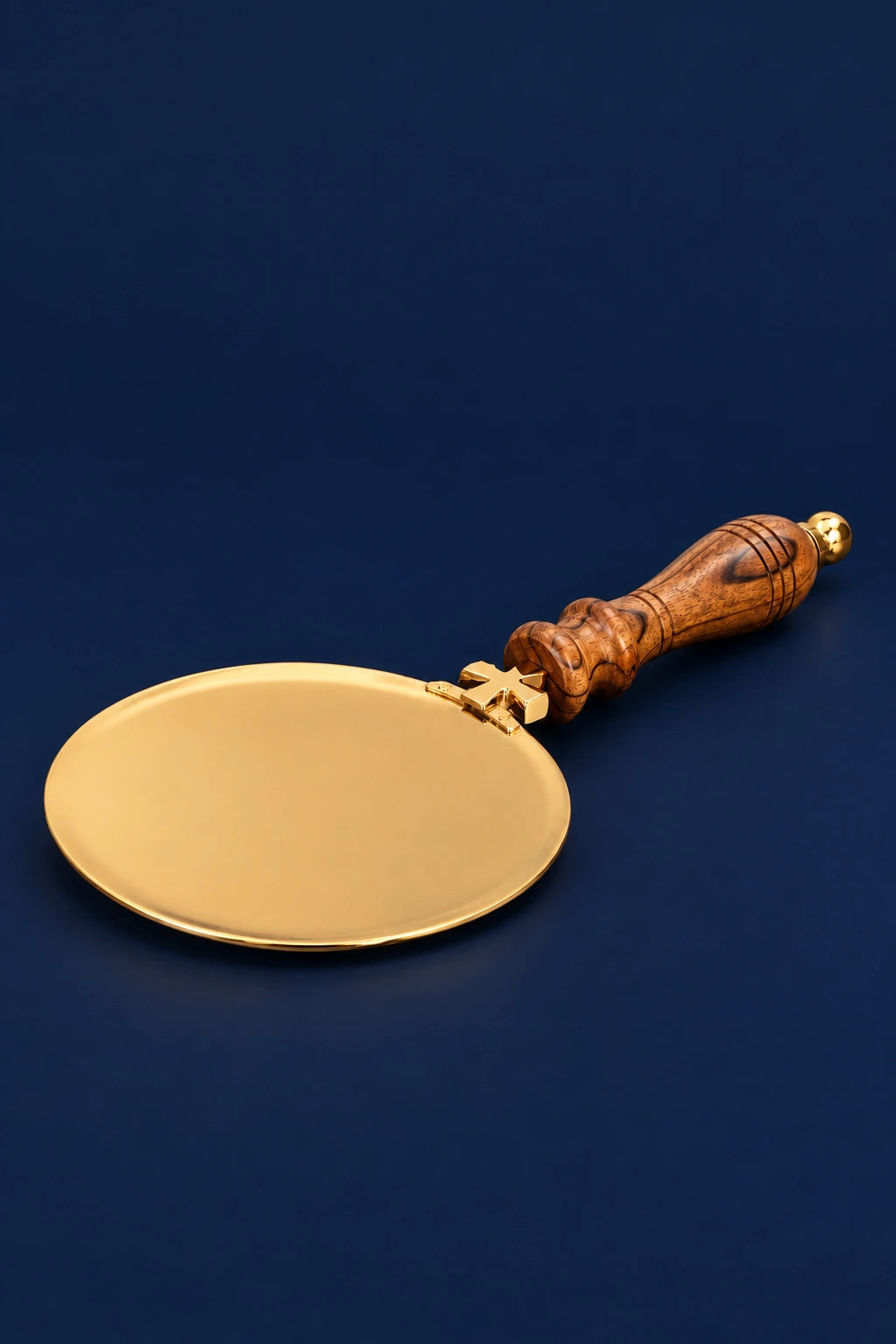 Brass Communion Paten with Wooden Handle, 6 in (15 cm), front view with cross detail