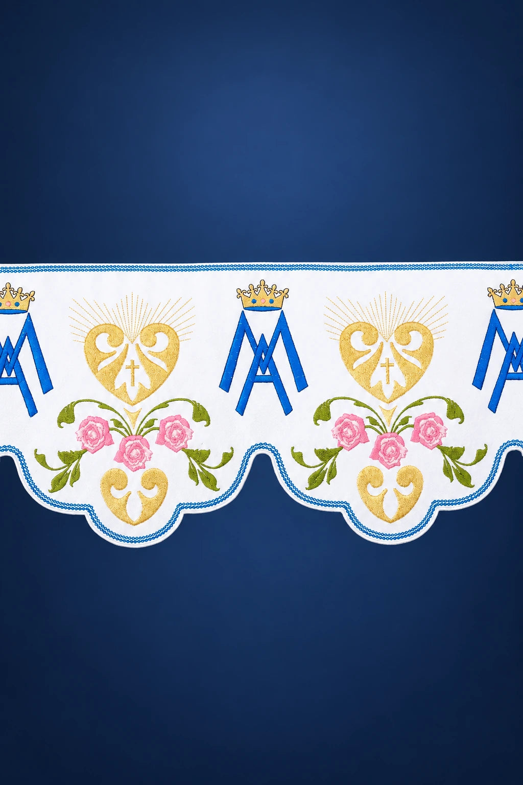 White altar lace with scalloped front edge and Marian embroidery in blue, gold, pink, and green