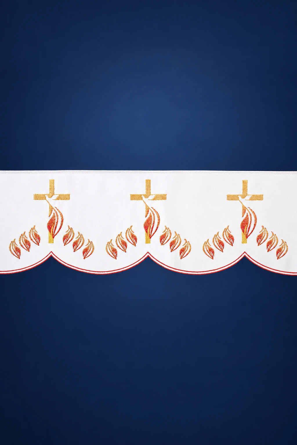 White altar lace yardage with scalloped edge and cross-and-flame embroidery