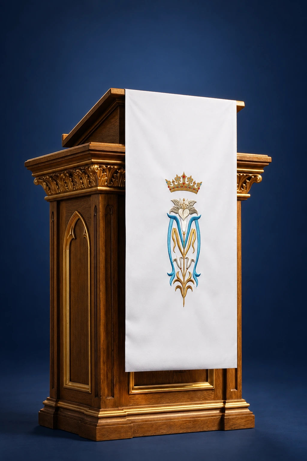 White lectern cover with centered lily and crown embroidery, draped over the front of a wooden lectern