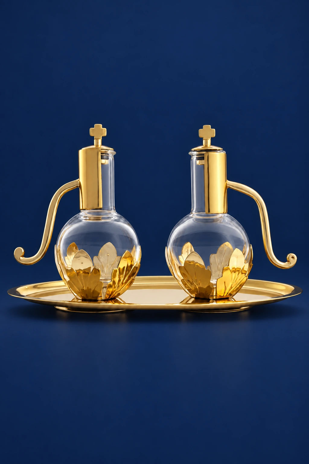 Wine and water cruet set with tray, front view, clear glass with gold floral band and cross-shaped stoppers
