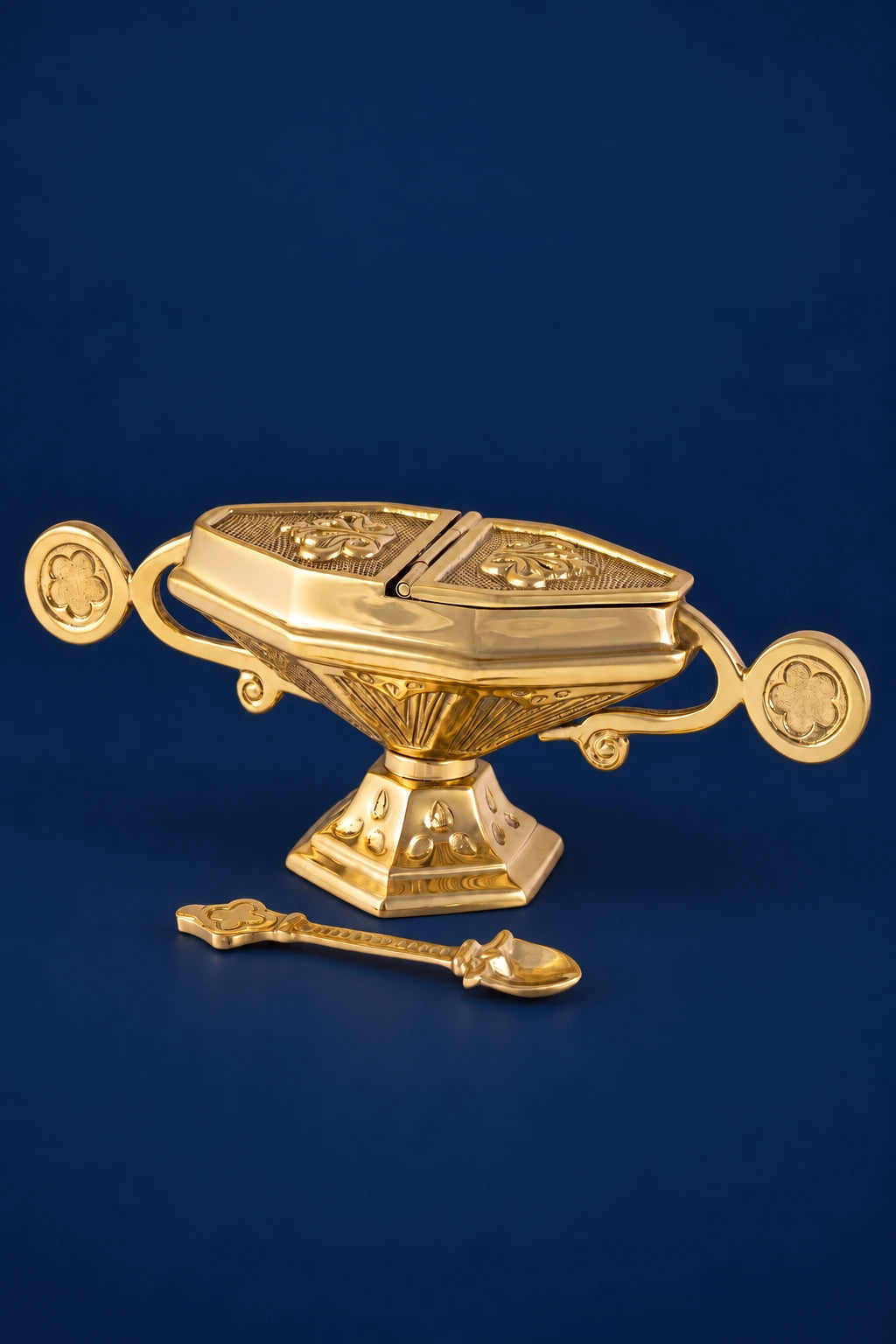 Brass Incense Boat with Spoon, 3.5 in (9 cm), front view with ornate lid and matching spoon