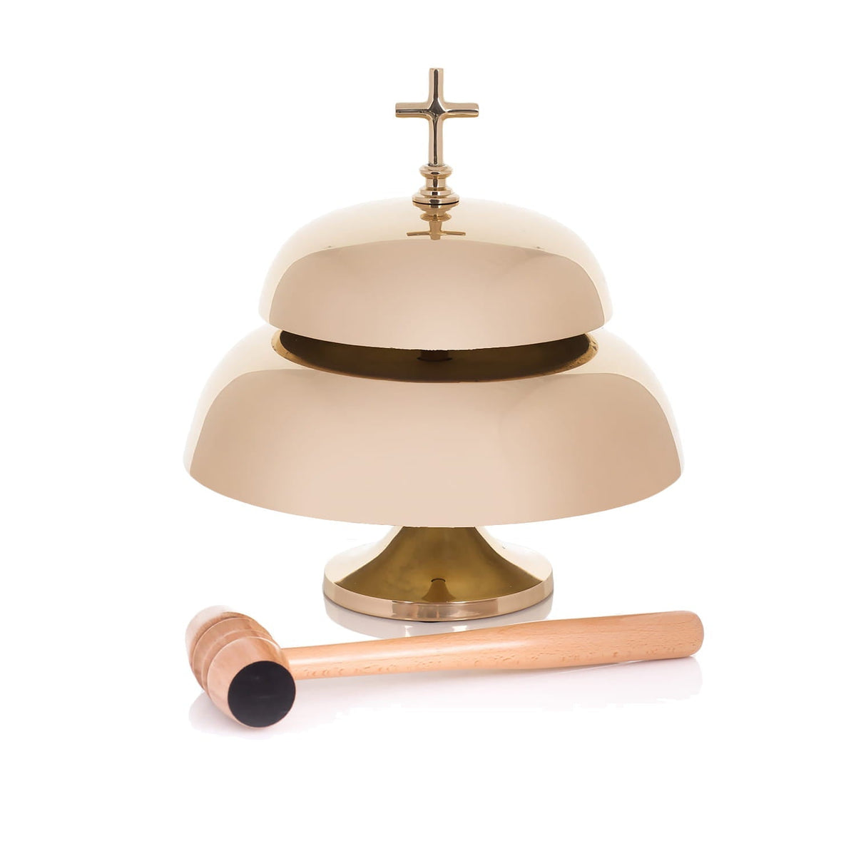 Altar bells with wooden mallet, front view showing polished brass domes and cross finial