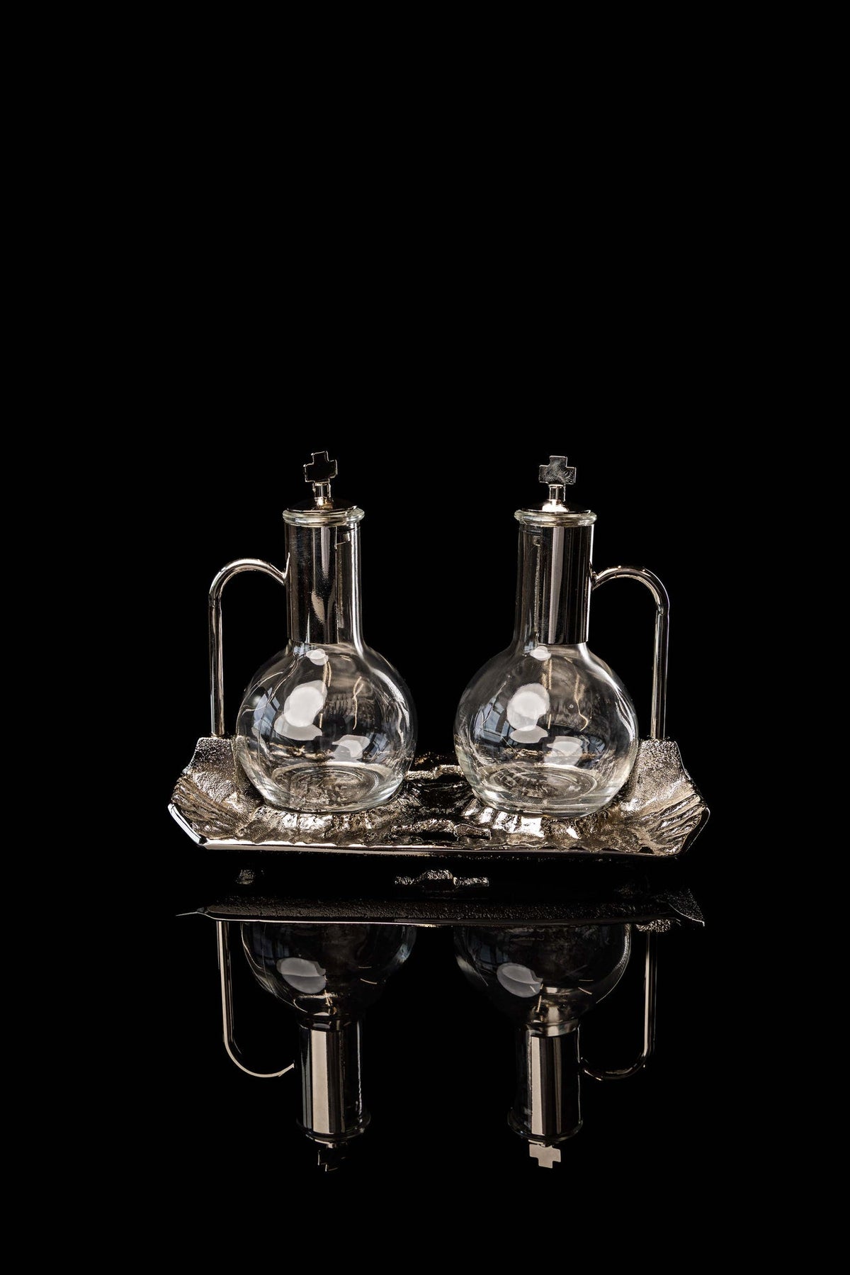 Liturgical Cruets for Wine and Water with Nickel-Plated Tray