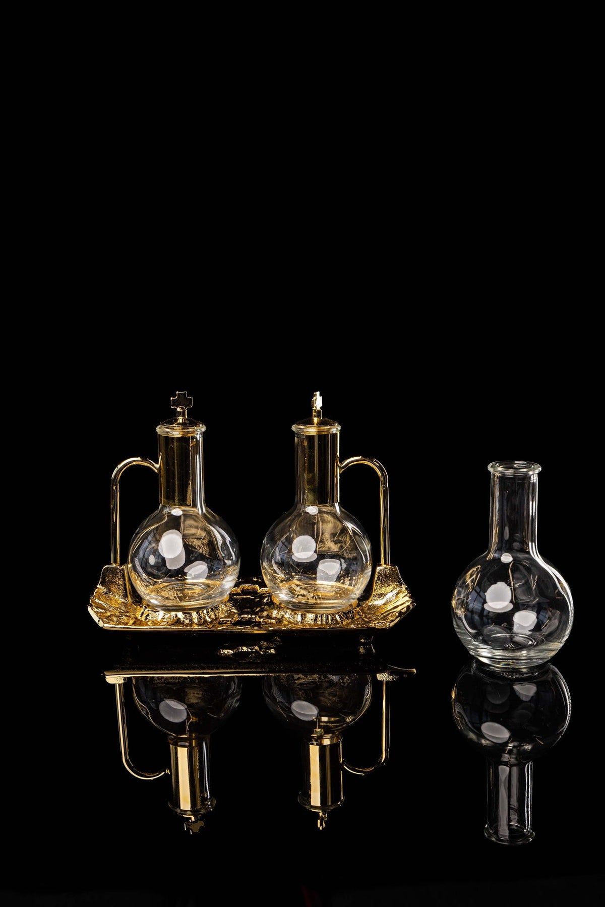 Liturgical Cruet Set for Wine and Water with Gold-Plated Tray