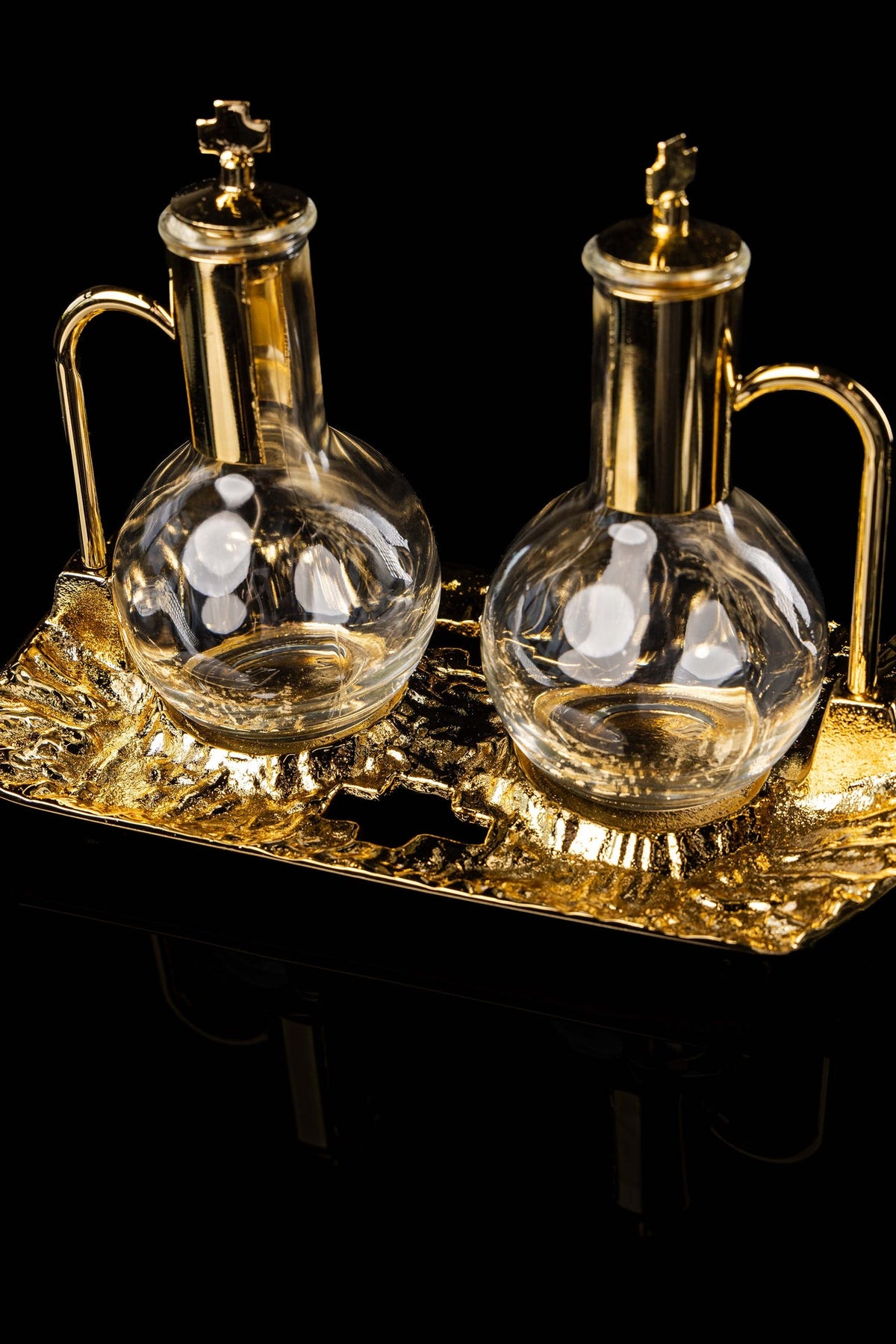 Liturgical Cruet Set for Wine and Water with Gold-Plated Tray