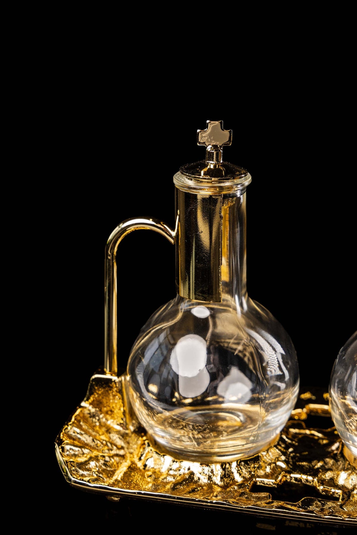 Liturgical Cruet Set for Wine and Water with Gold-Plated Tray