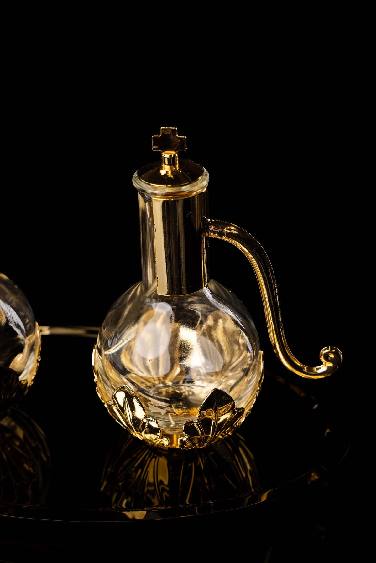 Liturgical Cruet Set for Wine and Water with Gold-Plated Brass Tray
