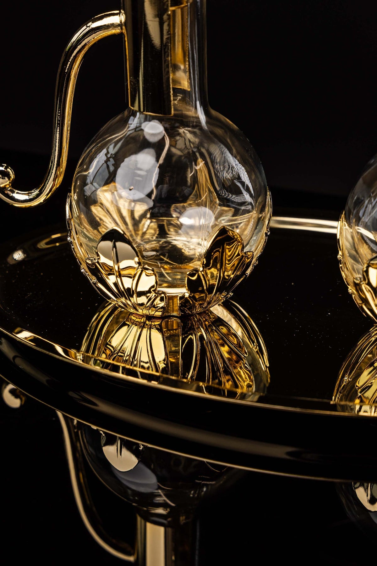 Liturgical Cruet Set for Wine and Water with Gold-Plated Brass Tray