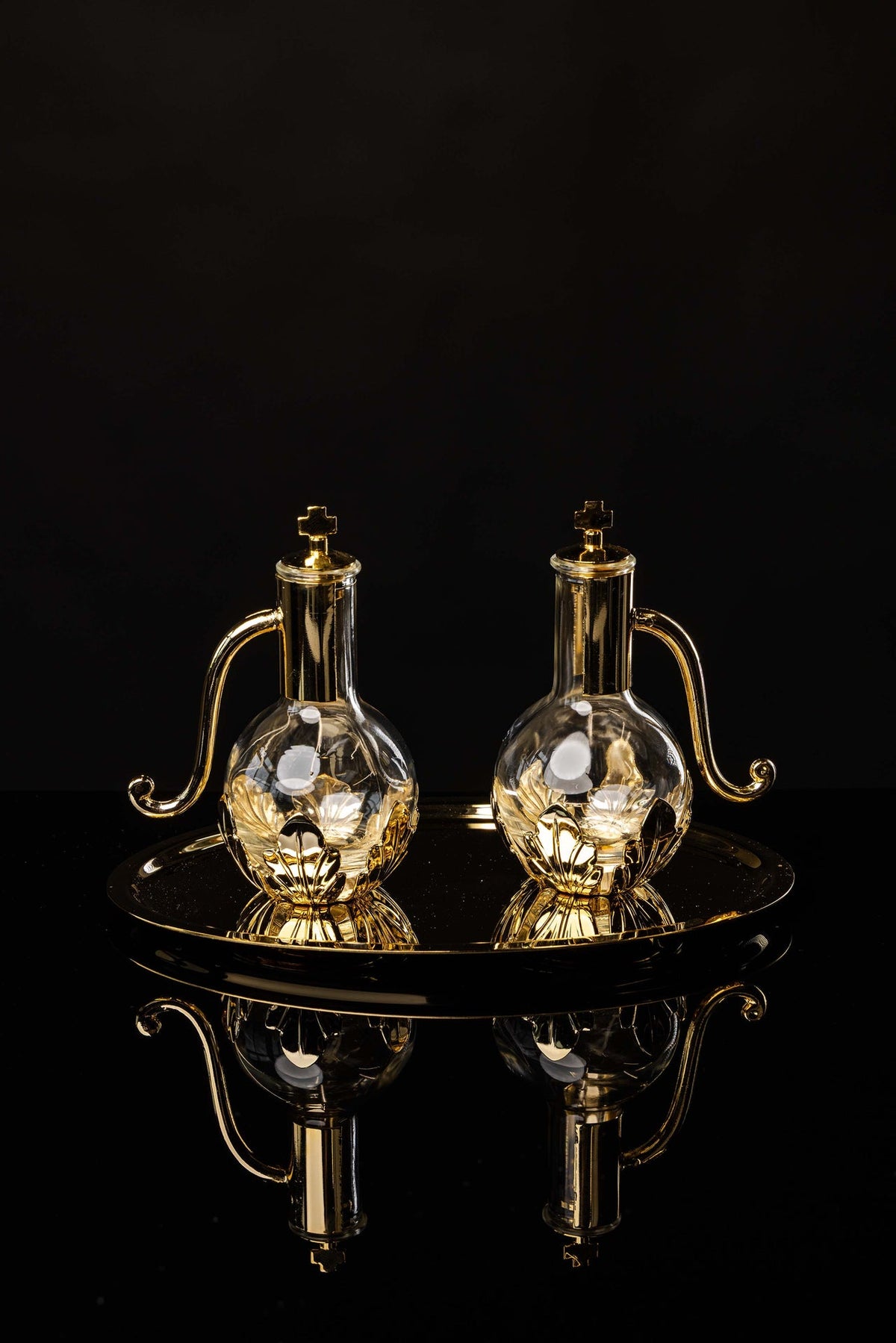 Liturgical Cruet Set for Wine and Water with Gold-Plated Brass Tray