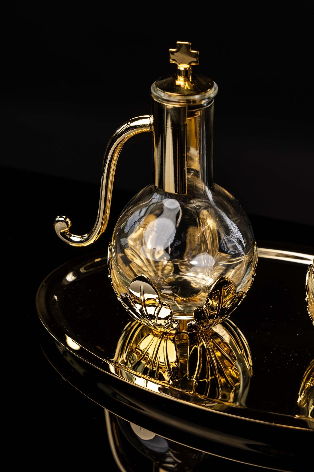 Liturgical Cruet Set for Wine and Water with Gold-Plated Brass Tray