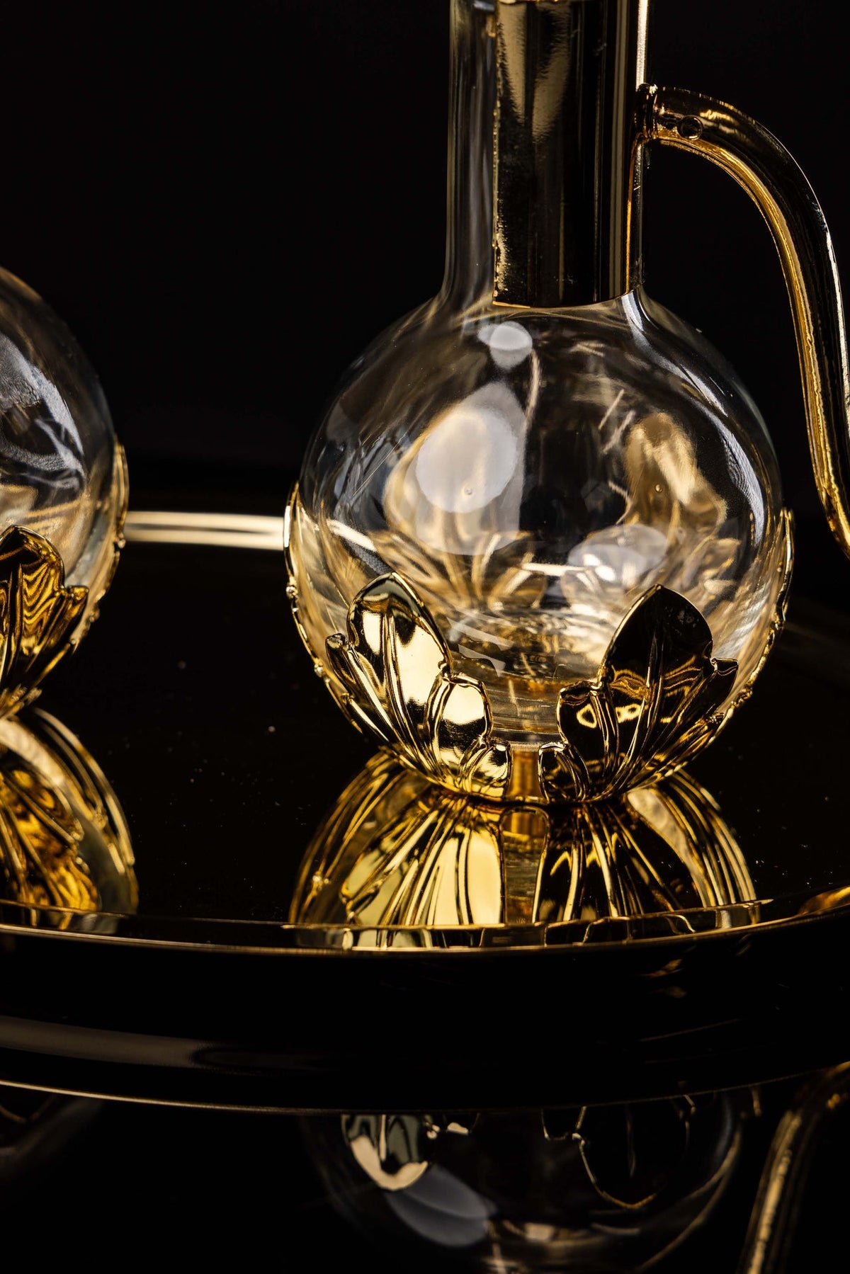 Liturgical Cruet Set for Wine and Water with Gold-Plated Brass Tray