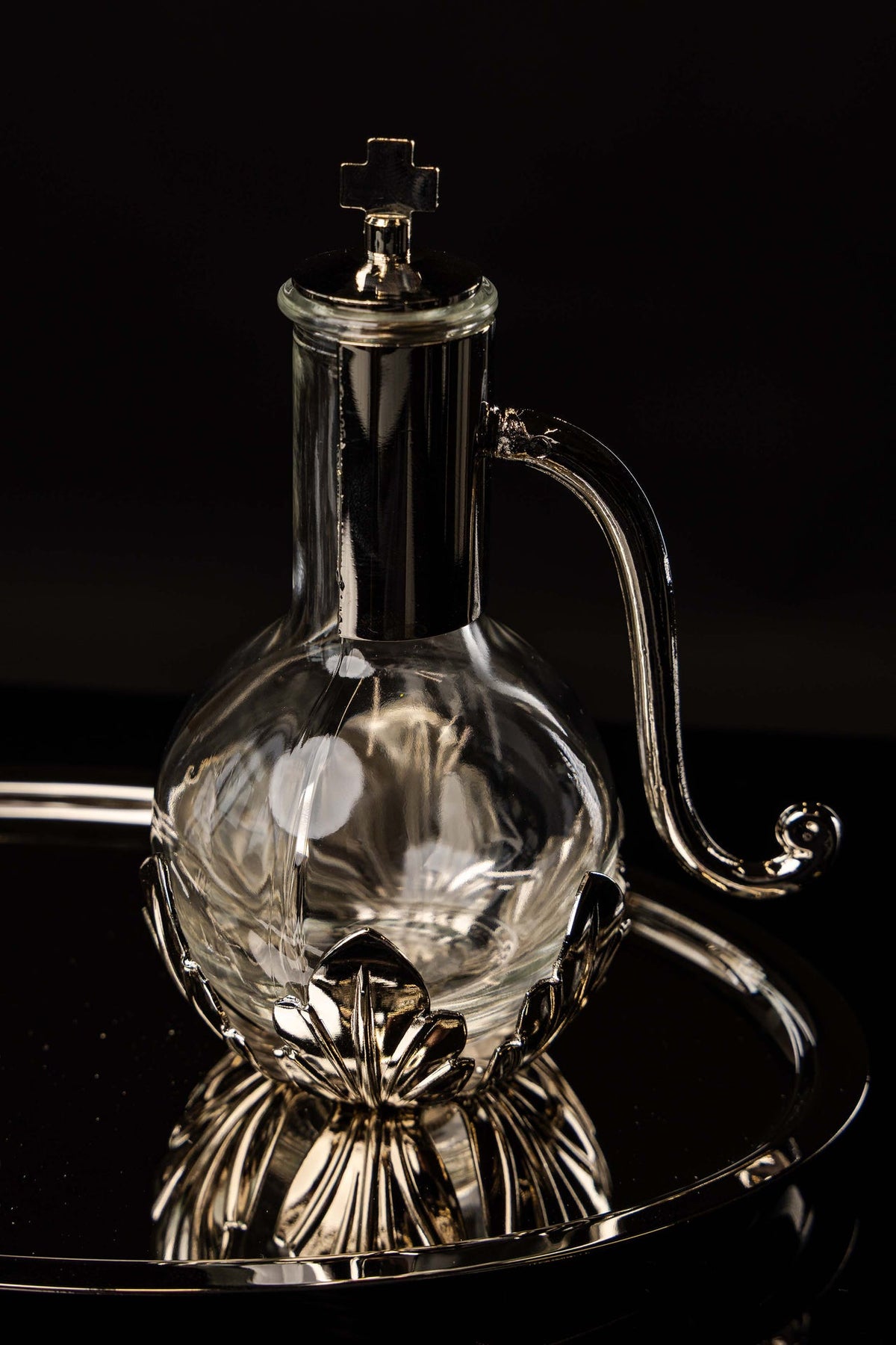 Liturgical Cruets for Wine and Water with Silver-Plated Metal Tray
