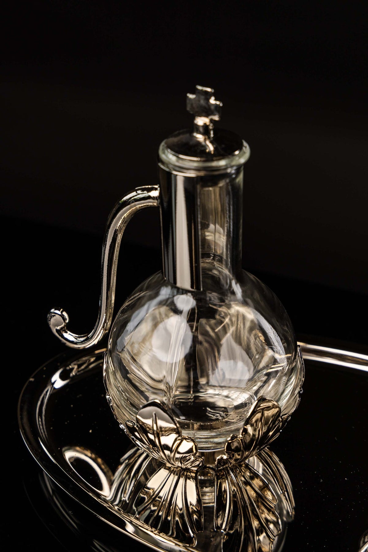 Liturgical Cruets for Wine and Water with Silver-Plated Metal Tray