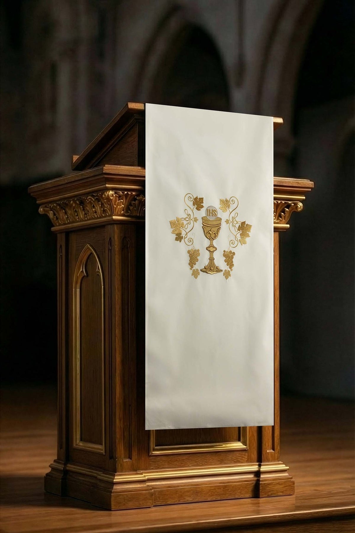 Ecru Church Lectern Cover with Embroidered Chalice Motif
