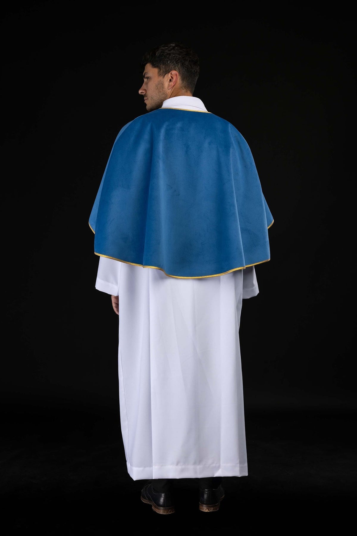 Blue Velvet Altar Server Cape with Gold Trim and Tie Closure