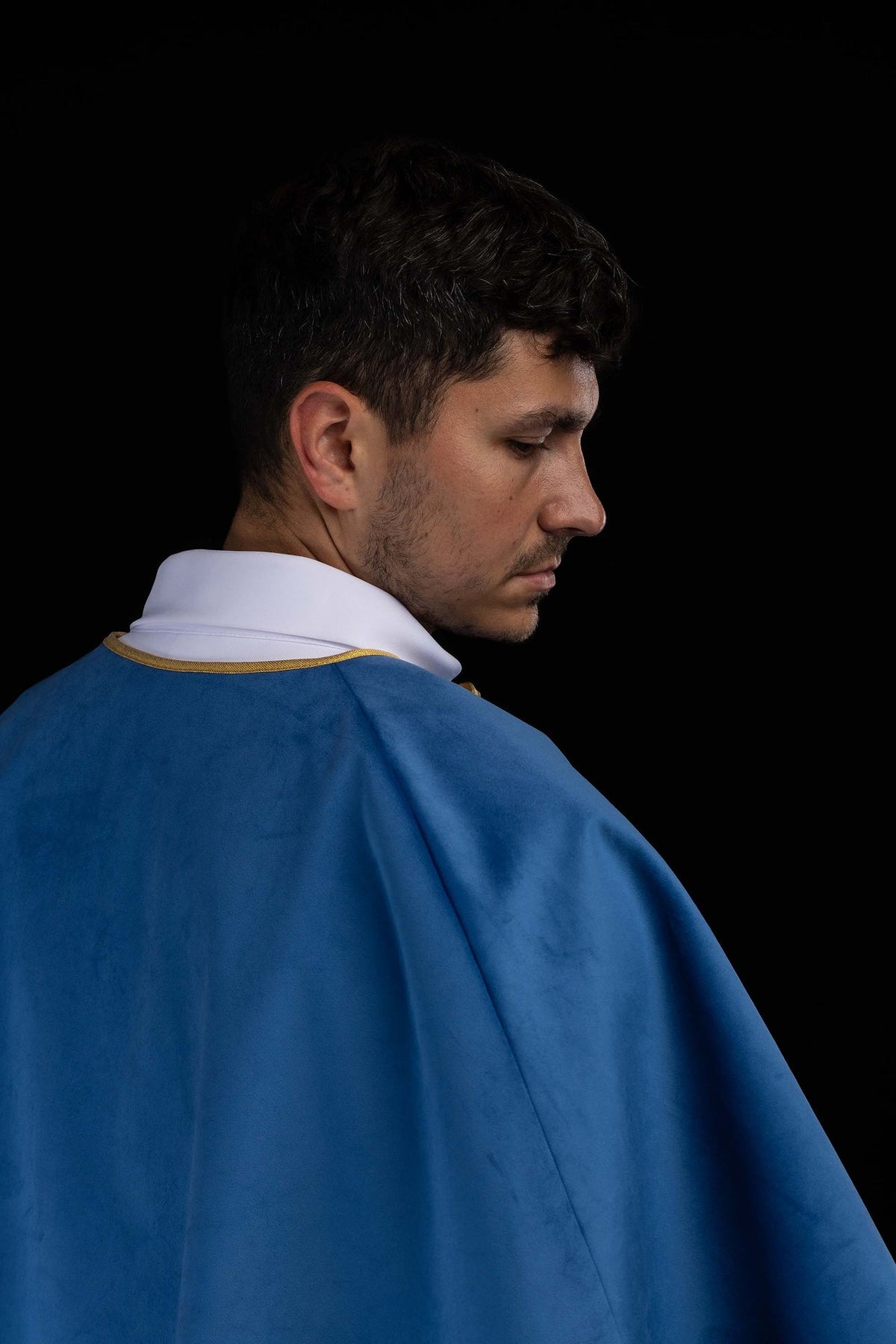 Blue Velvet Altar Server Cape with Gold Trim and Tie Closure