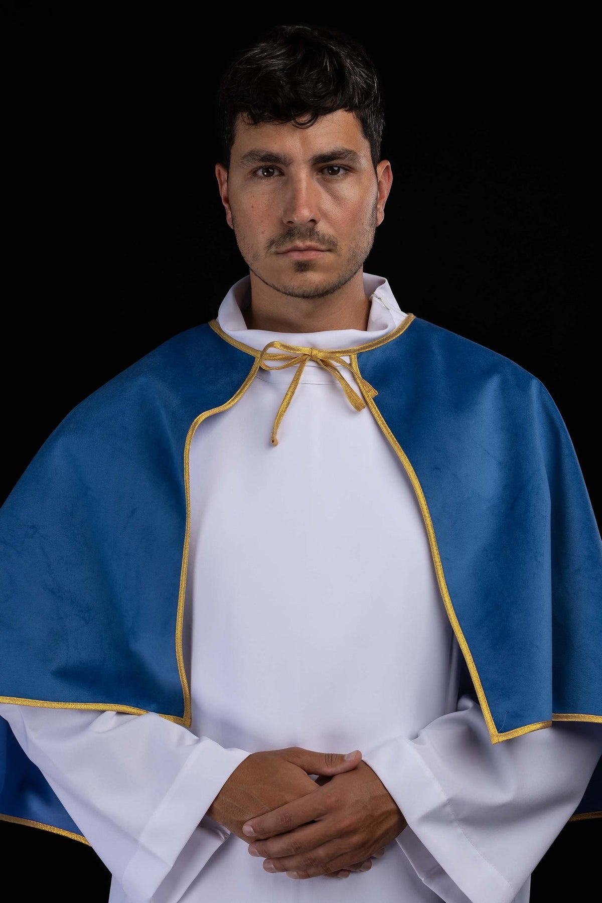 Blue Velvet Altar Server Cape with Gold Trim and Tie Closure