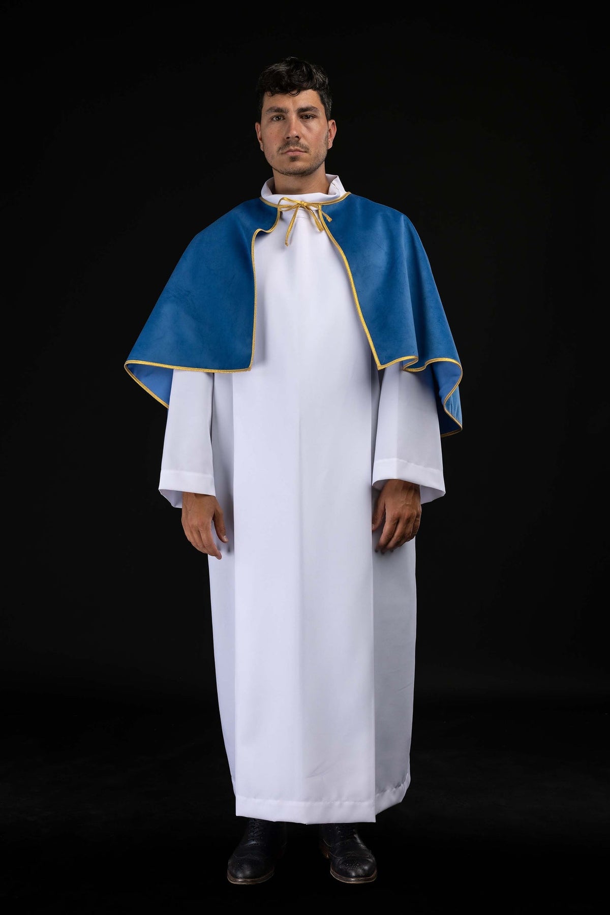 Blue Velvet Altar Server Cape with Gold Trim and Tie Closure
