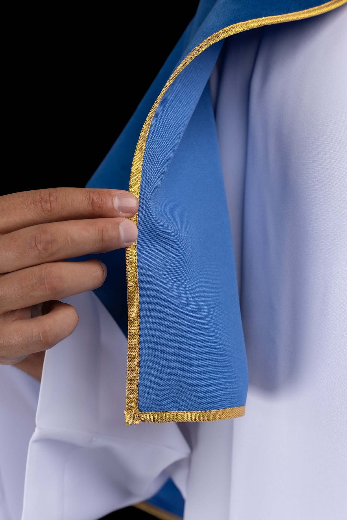 Blue Velvet Altar Server Cape with Gold Trim and Tie Closure