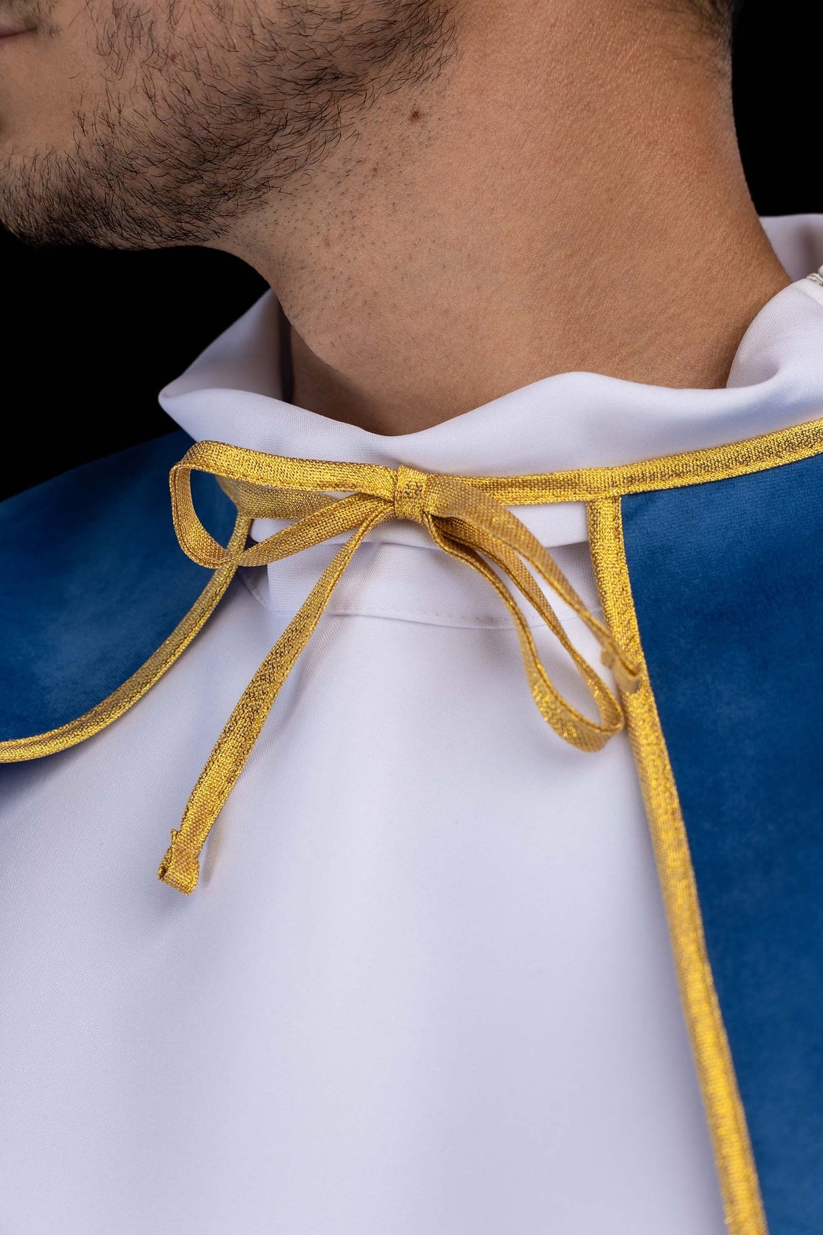 Blue Velvet Altar Server Cape with Gold Trim and Tie Closure