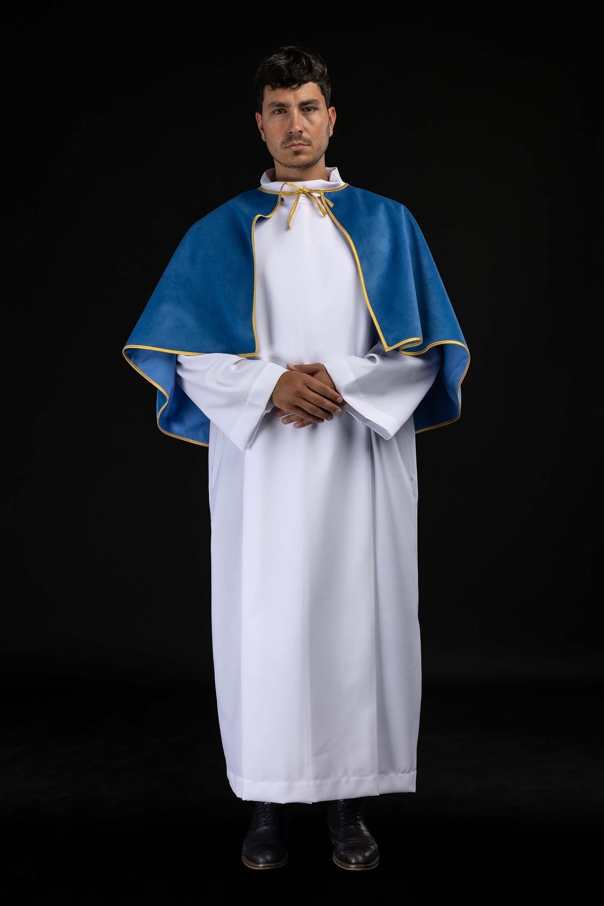 Blue Velvet Altar Server Cape with Gold Trim and Tie Closure