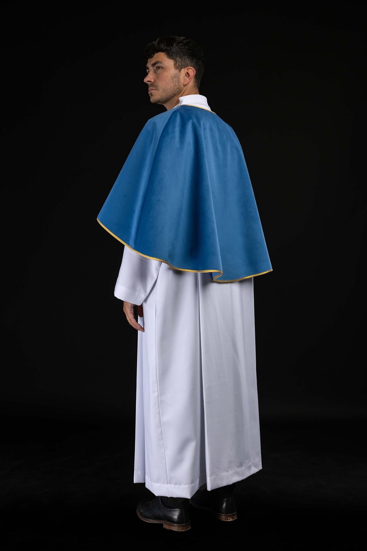 Blue Velvet Altar Server Cape with Gold Trim and Tie Closure