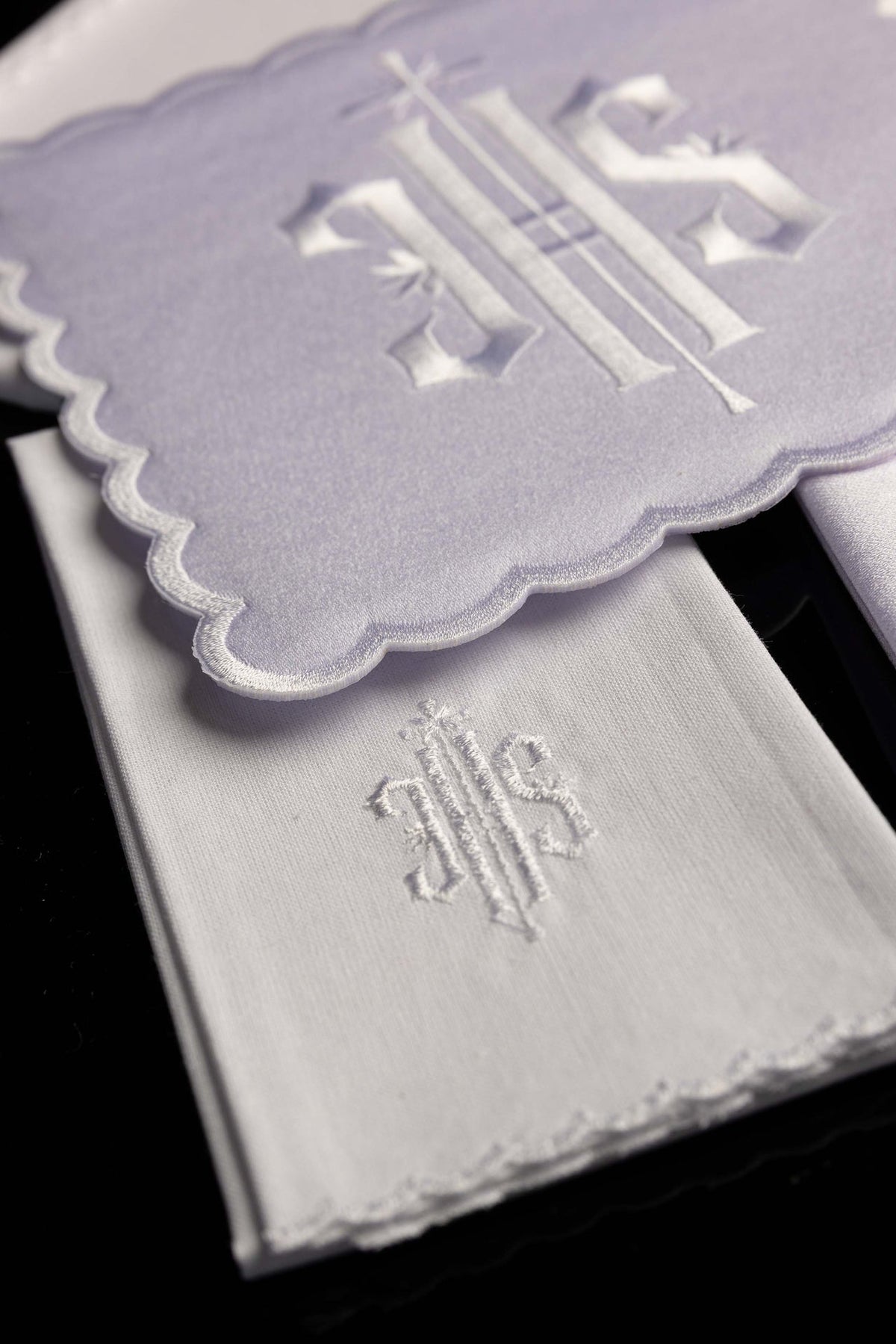 Altar Linen Set with White Trim and IHS Embroidery