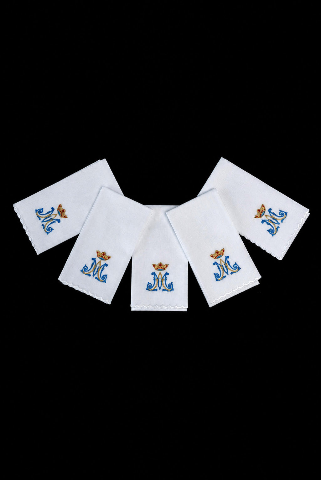 Set of 5 White Purificators with Marian Embroidery