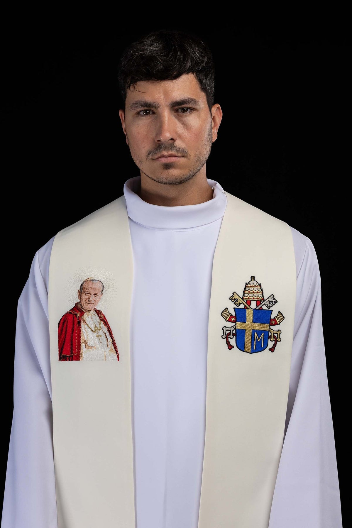 Ecru Embroidered Catholic Stole with an Image of John Paul II