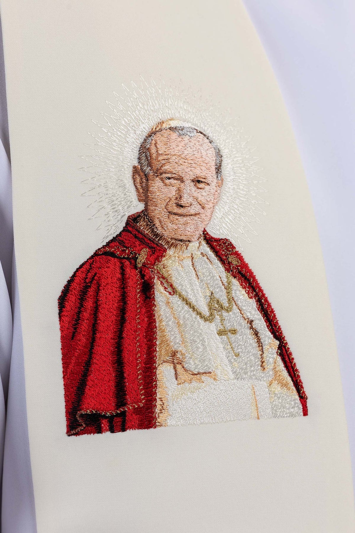 Ecru Embroidered Catholic Stole with an Image of John Paul II
