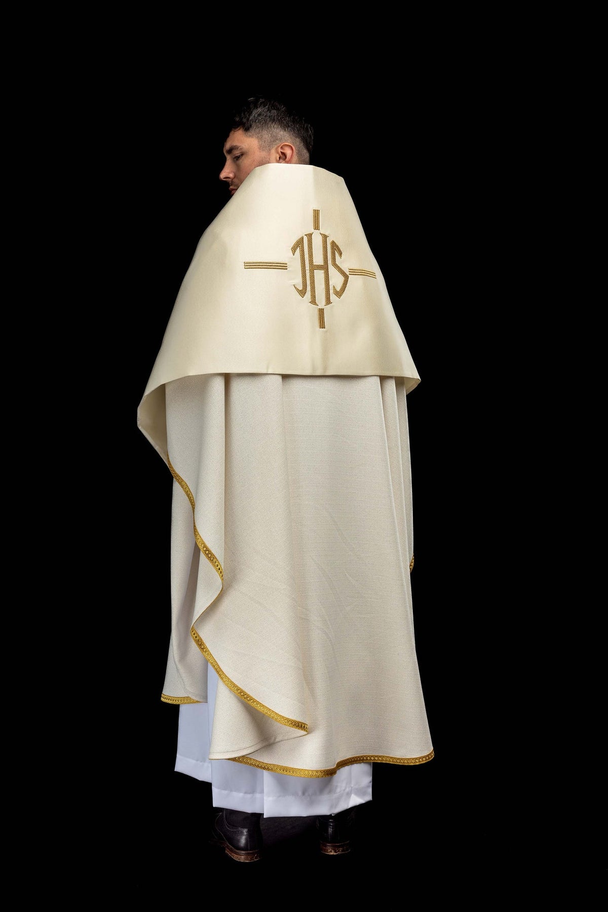 Ecru Humeral Veil with IHS Embroidery, 19.5 × 106.5 in (50 × 270 cm)