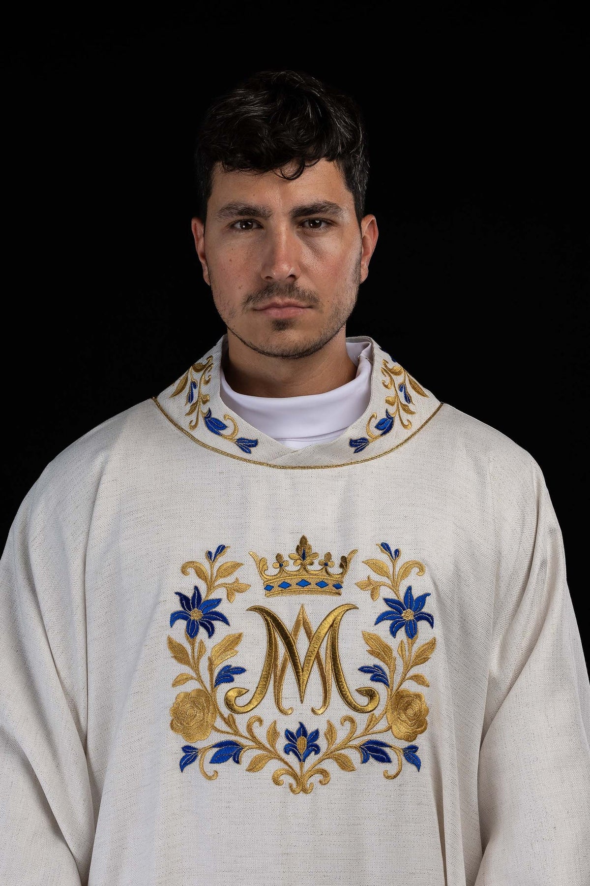 Embroidered Catholic Dalmatic with Marian Motif, Ecru