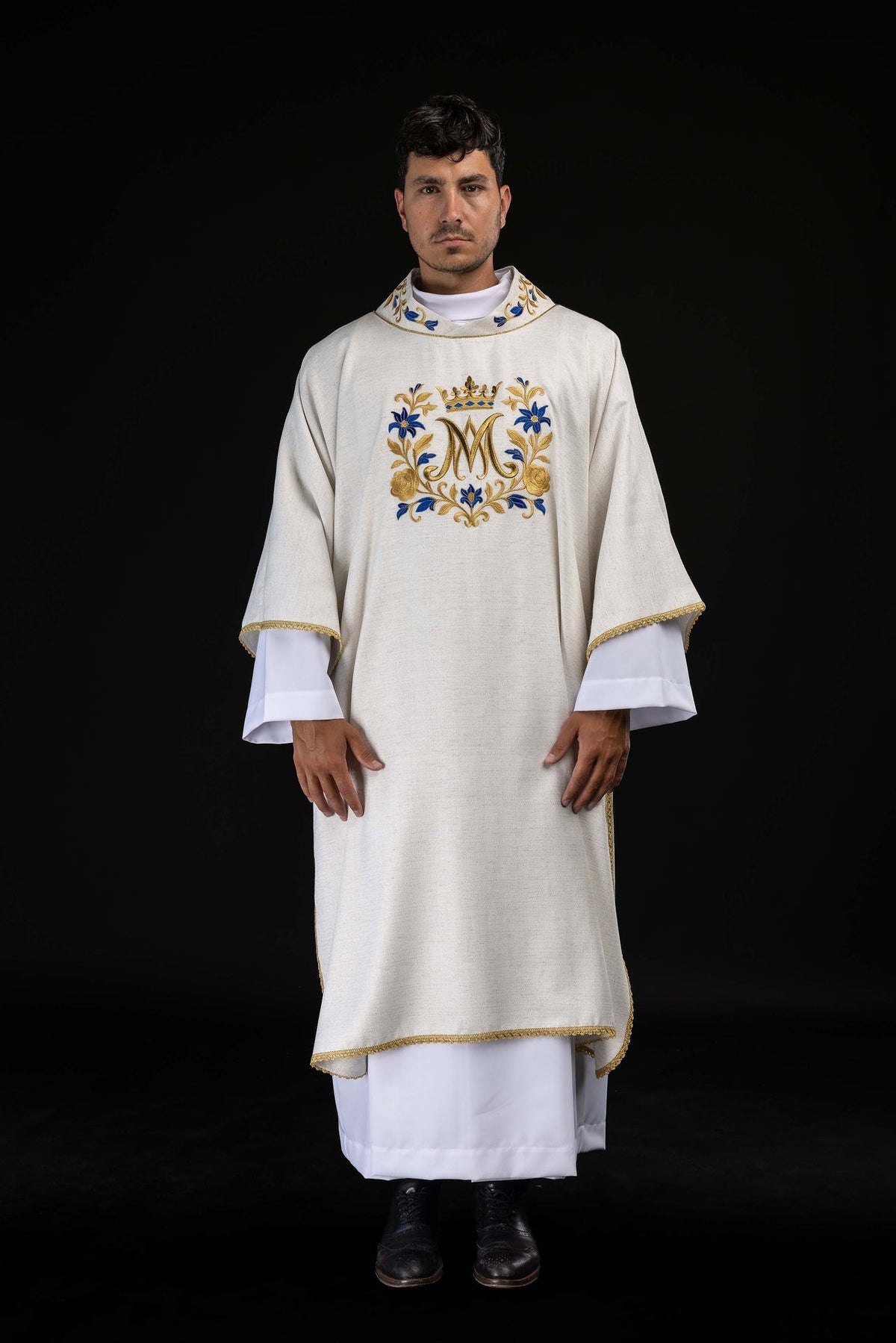 Embroidered Catholic Dalmatic with Marian Motif, Ecru