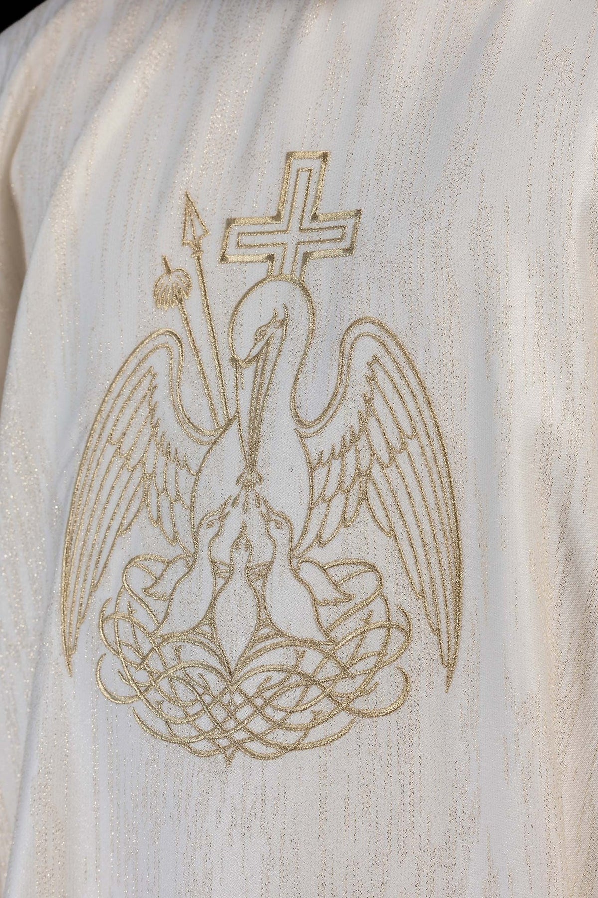 Embroidered Chasuble with a Pelican Motif on Shiny Ecru Fabric