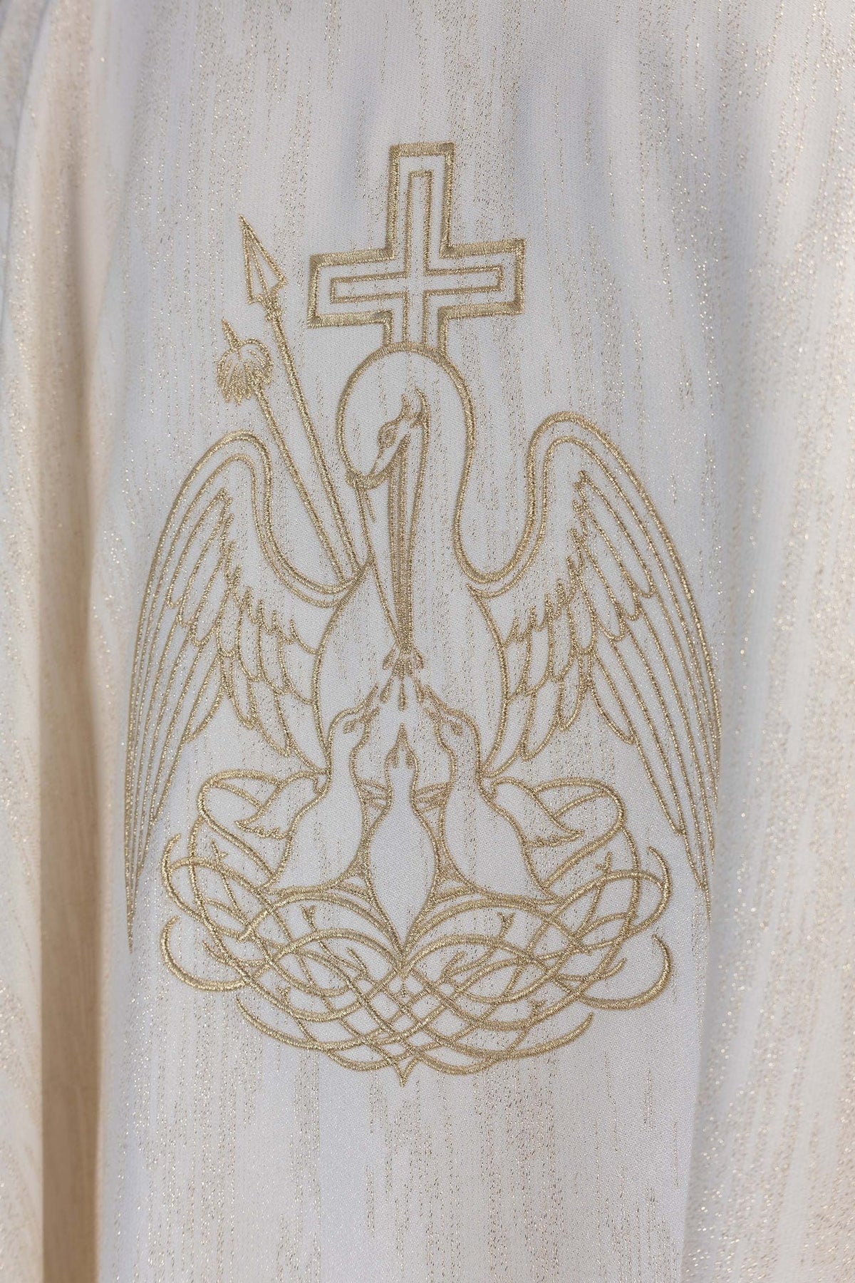 Embroidered Chasuble with a Pelican Motif on Shiny Ecru Fabric