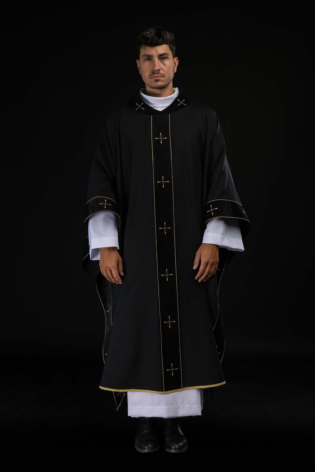 Black Chasuble with Embroidered Orphrey and Cross-Adorned Collar